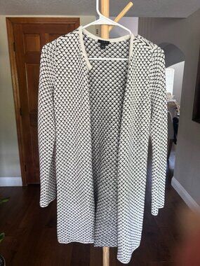 Ann Taylor Factory Black White Diamond Knit Open Front Duster Cardigan Size XS